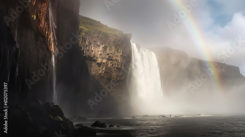 Rainbow over the waterfall. AI