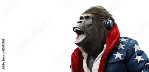 A charming gorilla celebrating with a flag of usa on independence day on 4th of july america flag white background, generative ai.