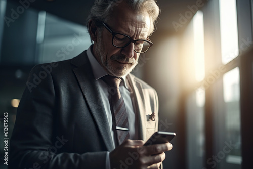 Senior businessman using phone, ceo with glasses typing message. Generative AI