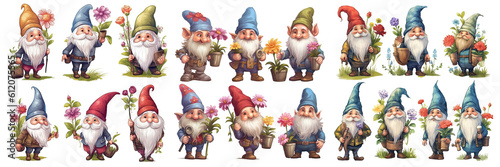 gnomes watercolor set cut out transparent background, PNG ,Watercolor collection of hand drawn photo