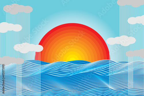 Abstract seascape, Big sunrise gradient color with blue line and rain cloud on sky.