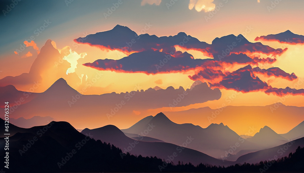 Beautiful view of a silhouette of mountains under the cloudy sky during sunset
