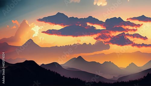 Beautiful view of a silhouette of mountains under the cloudy sky during sunset