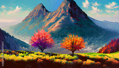 Landscape digital painting of a mountain with a colorful tree in the foreground