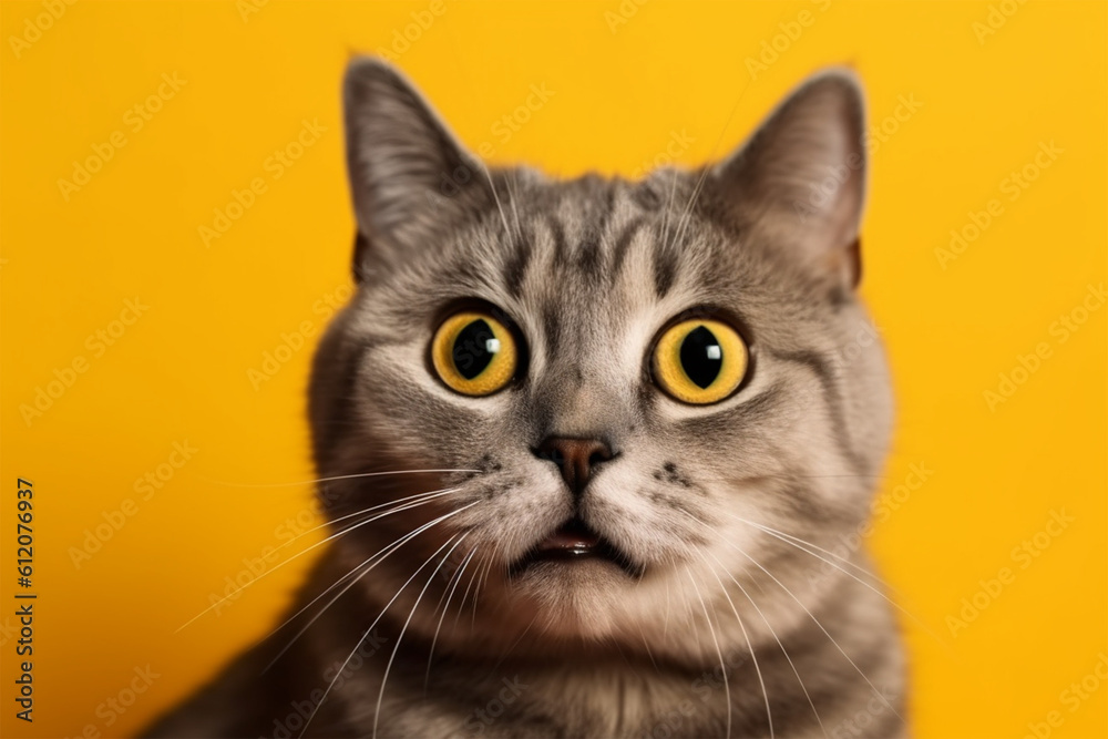 Generative AI.
a cute cat with bulging eyes on a yellow background