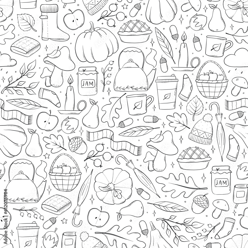 autumn seamless pattern with monochrome doodles, cartoon elements, etc for coloring pages, wallpaper, textile prints, scrapbooking, etc. EPS 10