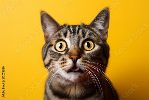 Generative AI. a cute cat with bulging eyes on a yellow background © imur