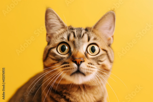 Generative AI. a cute cat with bulging eyes on a yellow background © imur