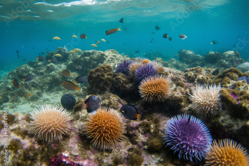 Generative AI. sea ​​urchins on coral reefs