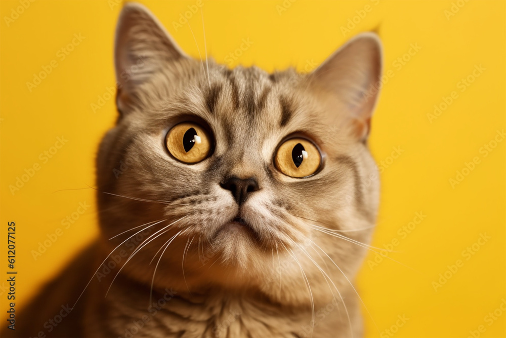 Generative AI.
a cute cat with bulging eyes on a yellow background