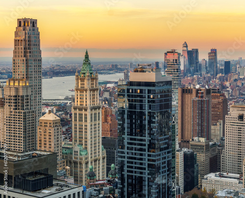 Aerial View of Downtown New York City at Sunset
