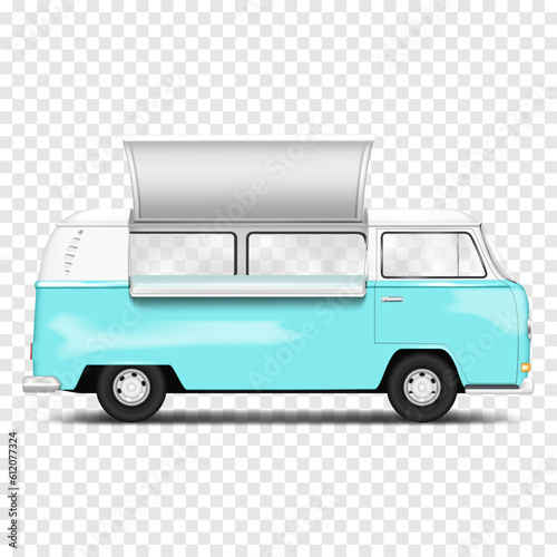 Vintage food truck with open window vector mock-up. Retro foodtruck mockup. Ice cream van. Template for design