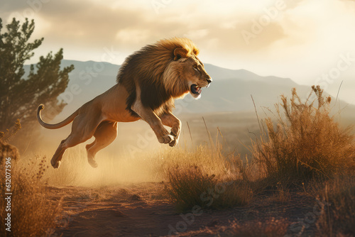 Adult wild lion runs in the wilderness. Shot of a lion jumping in motion. Sunny day, landscape with lion in natural habitat. Generative AI professional photo imitation.