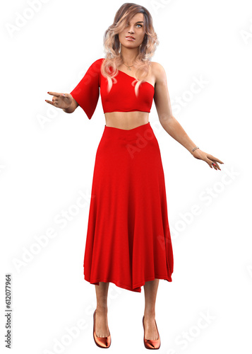 3D Woman in red skirt and top