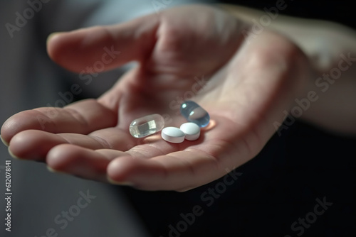 person holding pills, medical problems, ai generated