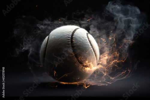 Tennis ball with fire and dust on black background, ai generated