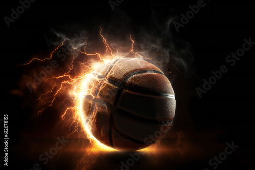 Basketball training with fire and lightstrikes, ai generated