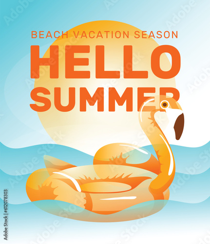 inflatable flamingo swims on the waves against the background of the setting sun. Concept of sea rest, cruise, vacation, beach party. Gradient, vector illustration