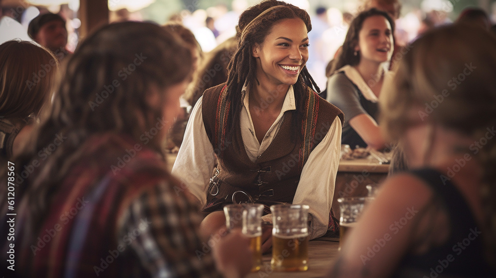 young adult woman wears a dirndl at the oktoberfest, many people in the beer tent, fictional place