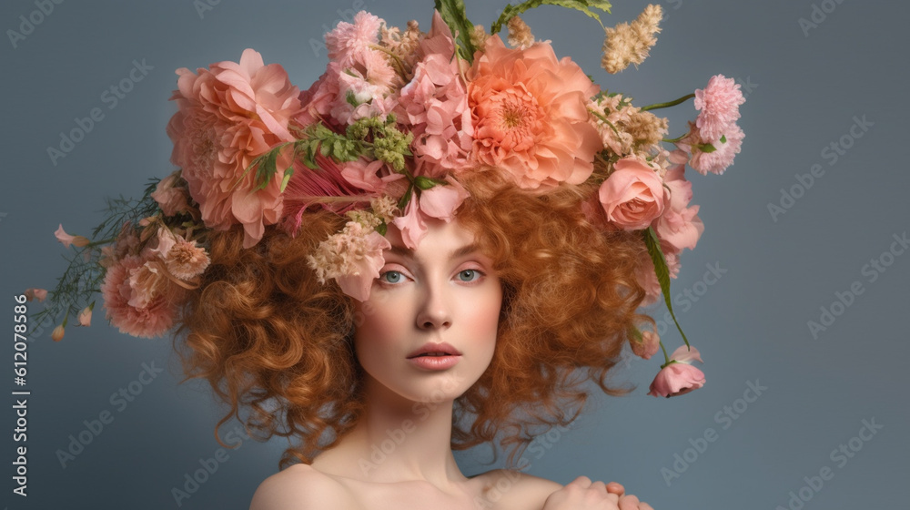 young adult woman with head floral arrangement decoration, nature and environment or female beauty, natural beauty, fictional place