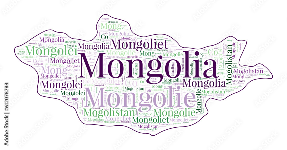 Mongolia shape filled with country name in many languages. Mongolia map in wordcloud style. Astonishing vector illustration.