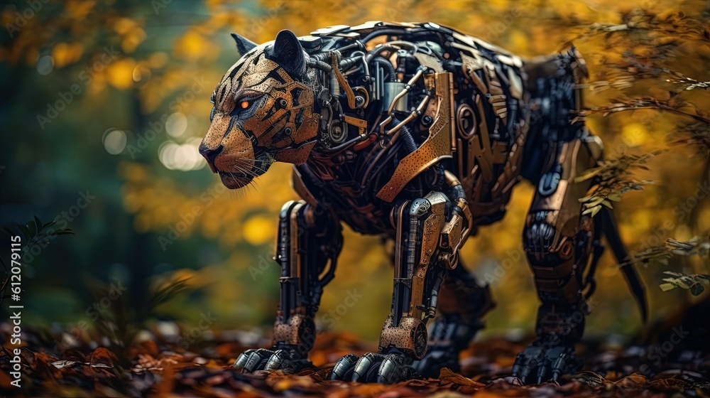 close up tiger robot in autumn woods, Generative Ai