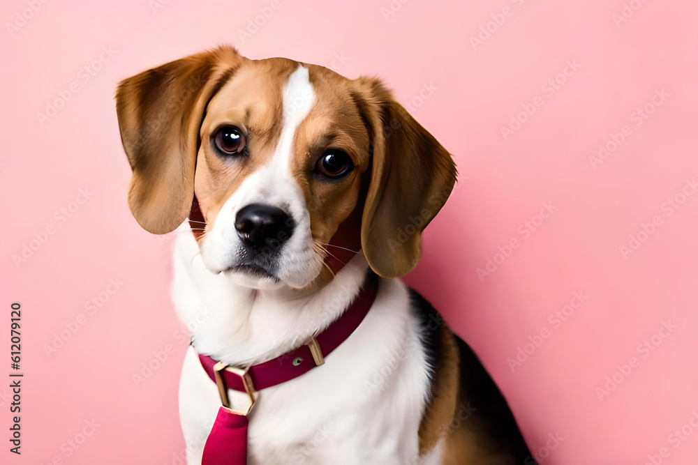 Beagle dog on coral pink background