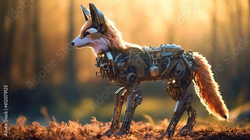close up fox robot in autumn woods, Generative Ai