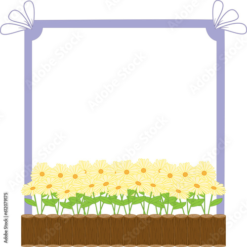 illustrated frame  of a wooden log window flower box with daisies