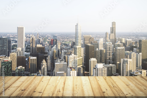 Wooden table top with beautiful Chicago skyline on background, mockup © Pixels Hunter