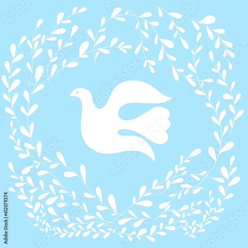 Disegno grafico moderno colomba bianca pasquale con un ramo di oliva simbolo di pace purezza innocenza libertà felicità fede religione cristiana 