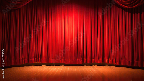 Red Velvet Curtains on Empty Stage Music Performance Set with Illuminated Follow Spot AI Generative