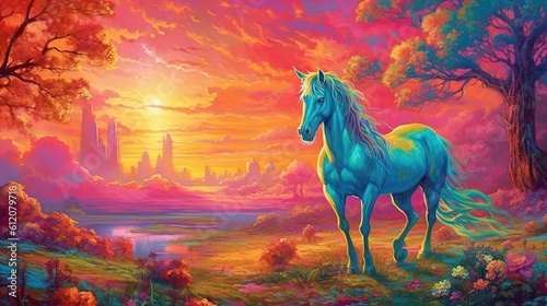 art illustration of a horse galloping in grass flower field in colorful vivid tone color  Generative Ai