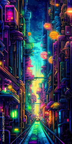 Painting of trans-Neptunian Ionian cycle, city. city in anime style, 16 bit color scheme. Generative Ai.