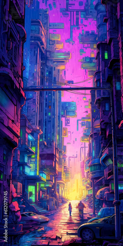 Painting of trans-Neptunian Ionian cycle, city. city in anime style, 16 bit color scheme. Generative Ai. © Saulo Collado
