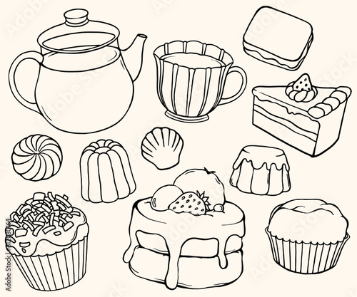 Hand-drawn Vector Illustration Set of Afternoon Tea and Snacks: Muffin, Cake, Handmade Cookies, and Puddin