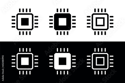 Chip icons set. Microchip or integrated circuit (IC) pictogram. Symbol of technology, computer and processor or electronic circuit.