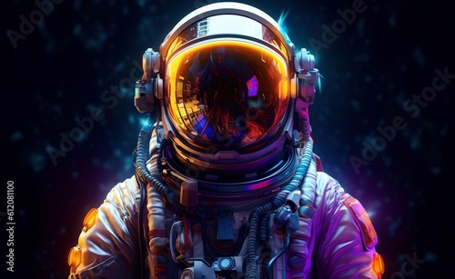 Astronaut on colorfull bright surface with space background. Astronaut walk on the moon wear cosmosuit. Future concept. Generative AI.
