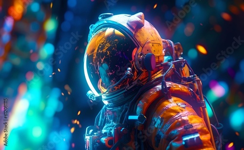 Astronaut on colorfull bright surface with space background. Astronaut walk on the moon wear cosmosuit. Future concept. Generative AI. photo