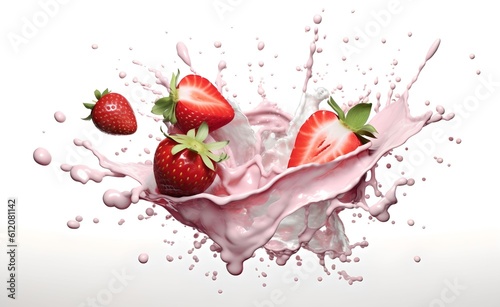 Milk splash with fruits on white background. Generative AI.