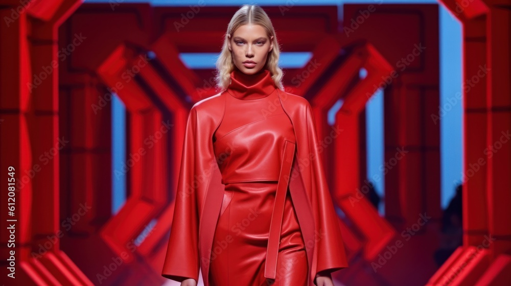 Naklejka premium Fierce Fashionista Strutting on Runway Under Shamrock Green Lights. Generative AI.