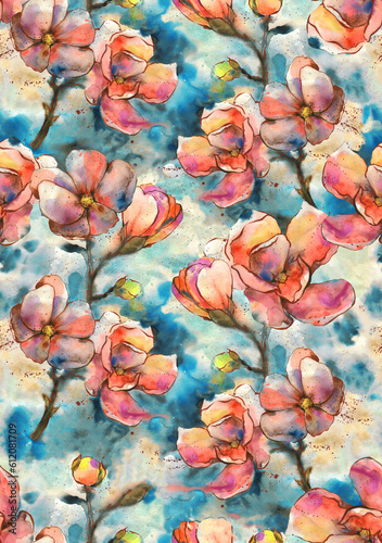 Watercolor fashionable floral pattern, botanical illustration with the image of a magnolia. © Arina