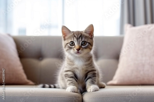 Cute kitten sitting on sofa in a living room Generative AI © cn0ra