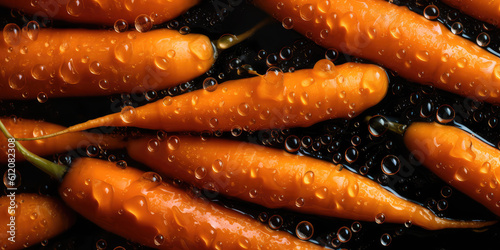 Lots of washed clean carrots in water droplets on black surface background, top view. Carrot wallpaper for health food store, fresh vegetables. Generative AI professional photo imitation.