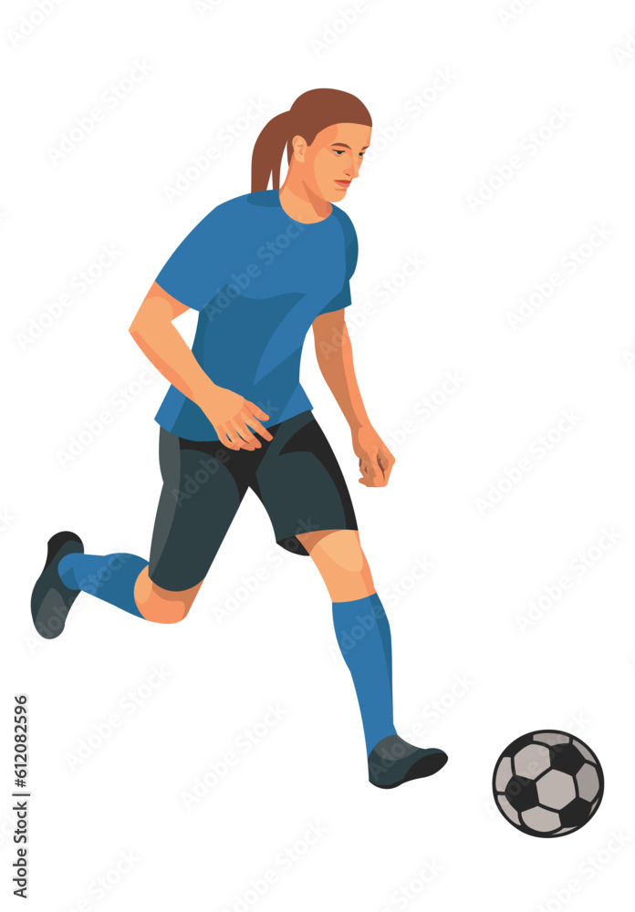 Isolated figure of a women's football player in blue sports uniform running with the ball on the field