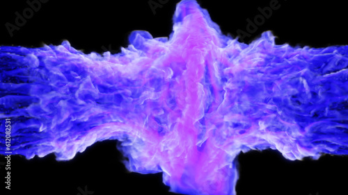 Purple flames on both sides on a black background. 3d illustration. 