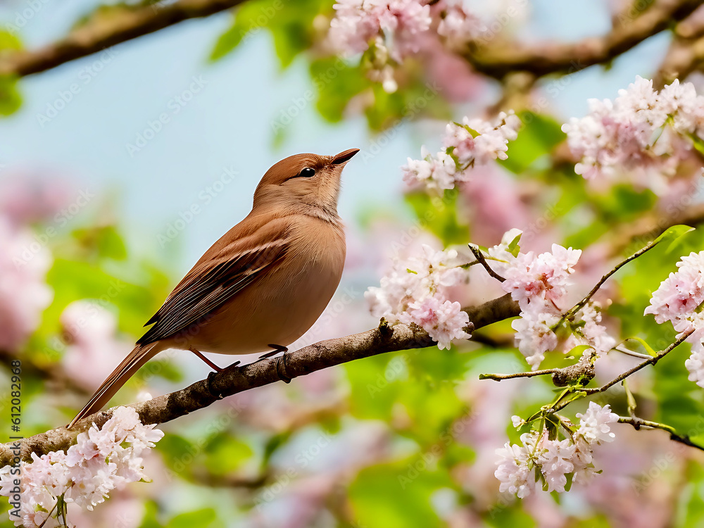 Cute sparrow bird on a cherry branch with many flowers. Generative AI. Cute sparrow bird on a cherry branch with many flowers. Generative AI.