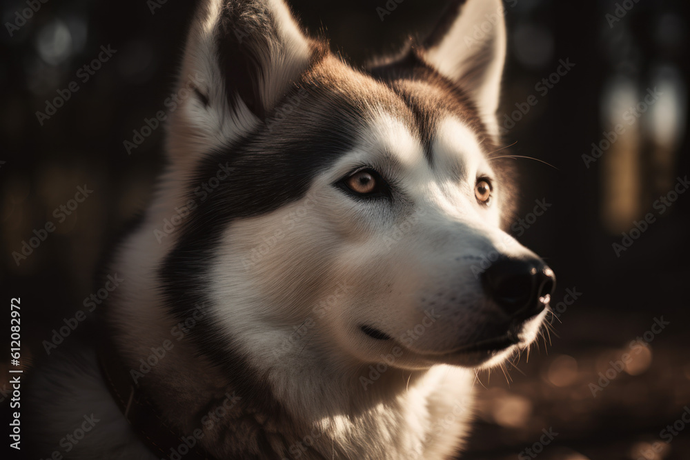 Portrait of a dog of the Husky breed close-up, generative ai