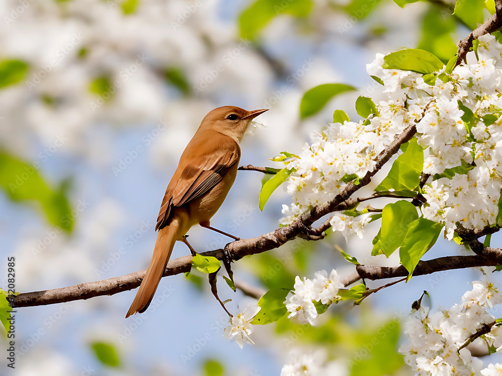 Cute sparrow bird on a cherry branch with many flowers. Generative AI. Cute sparrow bird on a cherry branch with many flowers. Generative AI.