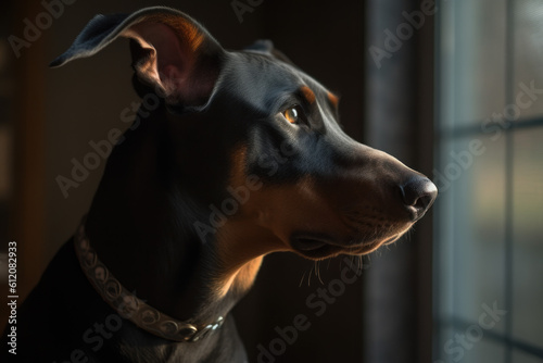 Portrait of a dog of the Dobermann breed close-up, generative ai